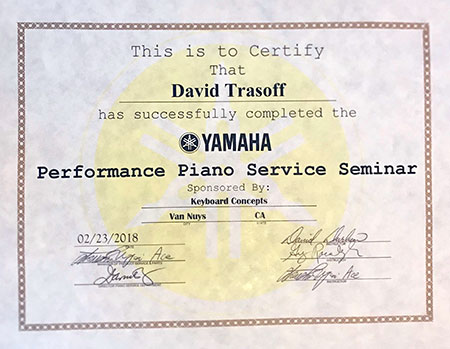 David Trasoff Registered Piano Technician Yamaha Piano Service Certificate - Professional Piano Service, Los Angeles, CA